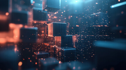 Obraz premium A futuristic digital landscape with glowing grids and interconnected cubes representing blockchain technology in a virtual space.