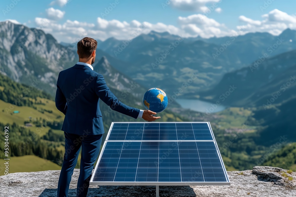Poster Eco-friendly clean energy is depicted in a minimalist design focusing on a sleek solar panel array against a neutral background, emphasizing carbon neutrality