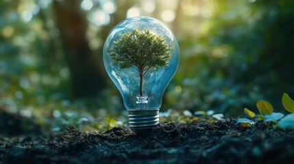 Tree growing inside a light bulb symbolizing energy conservation and environmental sustainability