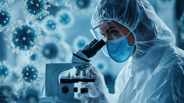 Woman infectious disease specialist. Doctor virologist with microscope. Virus molecules near scientist