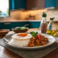 Authentic Thai Basil Pork with Rice and Fried Egg in a Cozy Kitchen