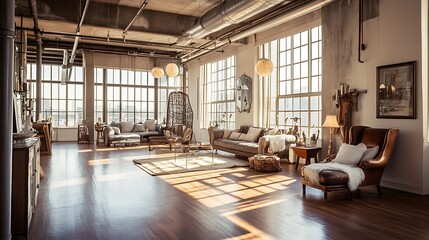 Fototapeta premium Sunlit Industrial Loft Living Room with Exposed Pipes and Large Windows