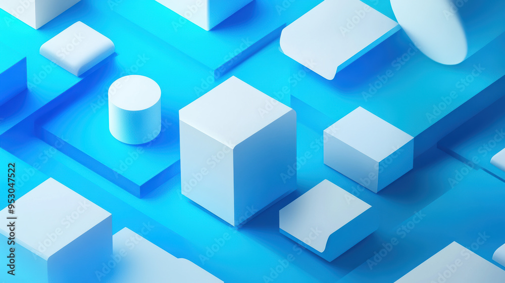 Poster abstract blue and white geometric shapes creating a minimalistic three-dimensional background with c