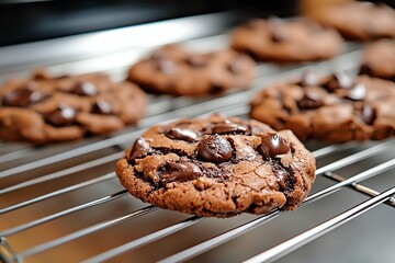 Fototapeta premium Handmade Dessert Cookies, Chocolate, and Crunchy depicted in a kitchen where crunchy chocolate cookies are cooling on a wire rack, ready to be enjoyed