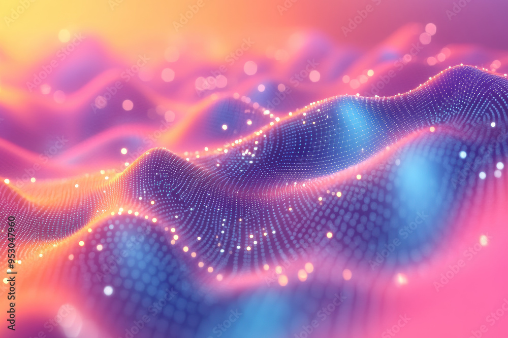 Sticker Vibrant abstract digital wave landscape with glowing particle light, neon colors, futuristic technology background, dynamic mesh surface.