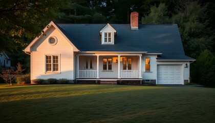Obraz premium Charming White Cottage at Sunset