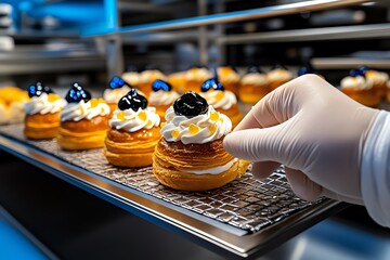 Handmade Dessert Pastries, Creamy, and French visualized in a French bakery where cream-filled pastries are being carefully crafted by hand, each one a work of art