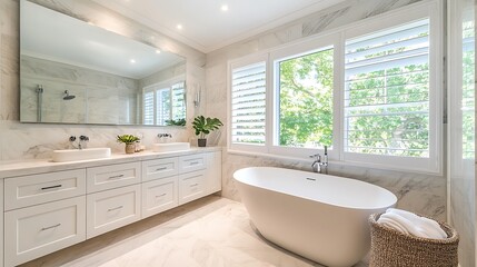 Modern Bathroom with Freestanding Tub, Marble Tiles, and White Cabinets