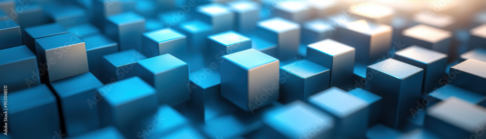 Poster abstract image of blue metallic cubes arranged in a grid pattern creating a futuristic and technolog
