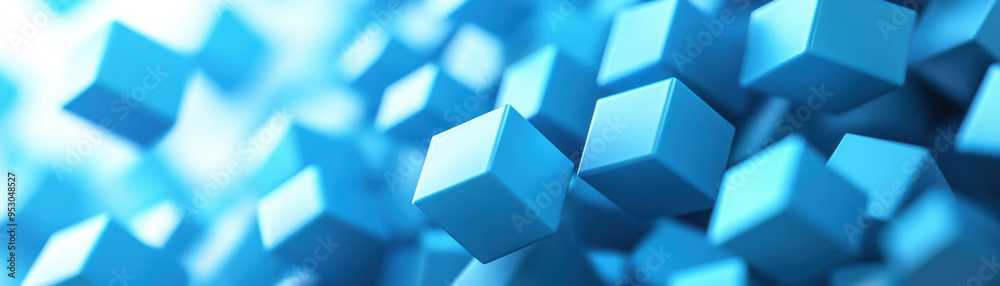 Poster close-up of floating blue cubes in a dynamic abstract background, creating a vivid and futuristic di