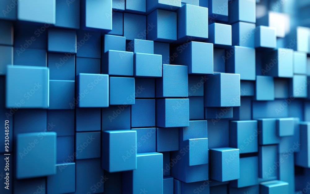 Poster abstract blue cubes arranged in a geometric pattern, creating a modern and dynamic background with d