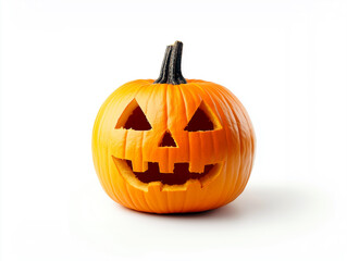 Carved pumpkin with a spooky face is sitting on a white background