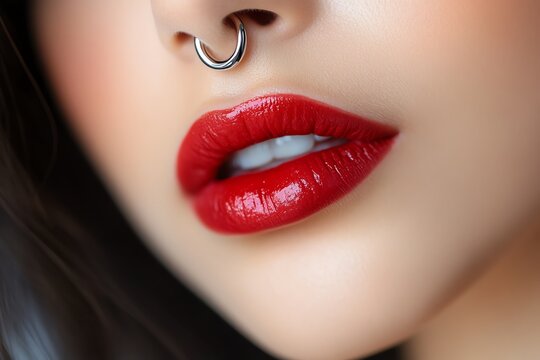 Lip piercing with a silver ring, illustrated in a scene where a silver lip ring is paired with natural makeup, adding a subtle edge to the overall look while maintaining an elegant style