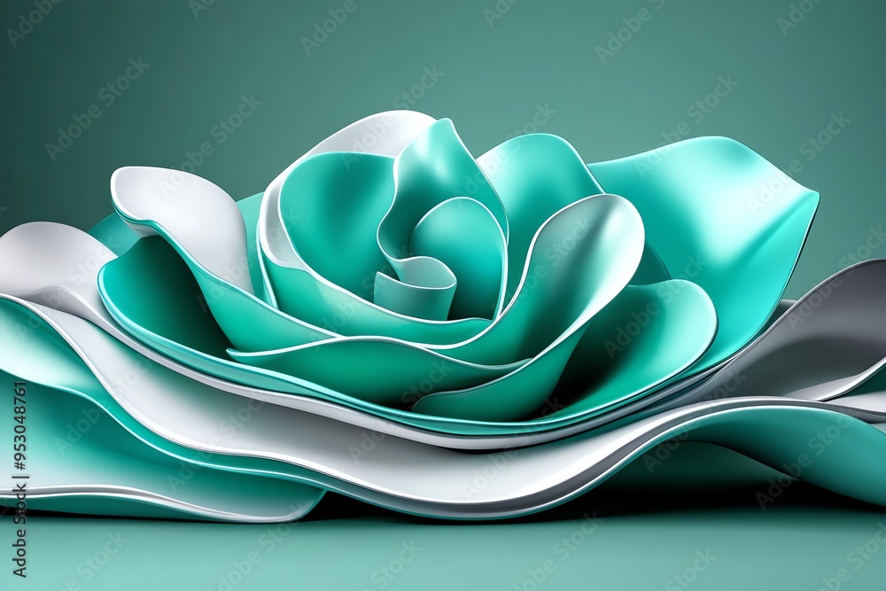 Poster Mint color abstract shapes with flowing lines and soft gradients, depicted in an artwork where abstract shapes in mint and pastel tones flow together, creating a dynamic and visually soothing