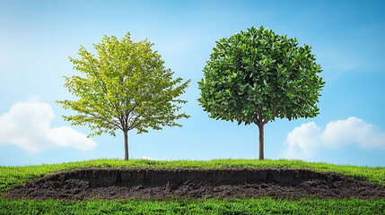 Obraz premium Two trees growing on top of dirt with a green grass background