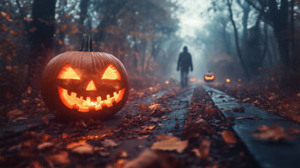 Naklejka premium Glowing Jack Lantern on a Foggy Forest Path