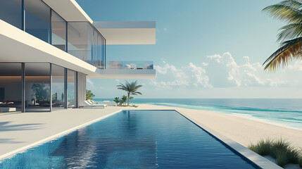 Fototapeta premium Modern luxury villa with infinity pool, contemporary beachfront mansion architecture, tropical ocean view resort home with palm trees