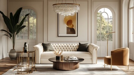Modern living room with white sofa, gold accents, and a contemporary chandelier.