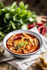 Tasty soup or stew made of beef tripe and spices. Spicy and aromatic tripe soup seasoned with pepper and served with bread