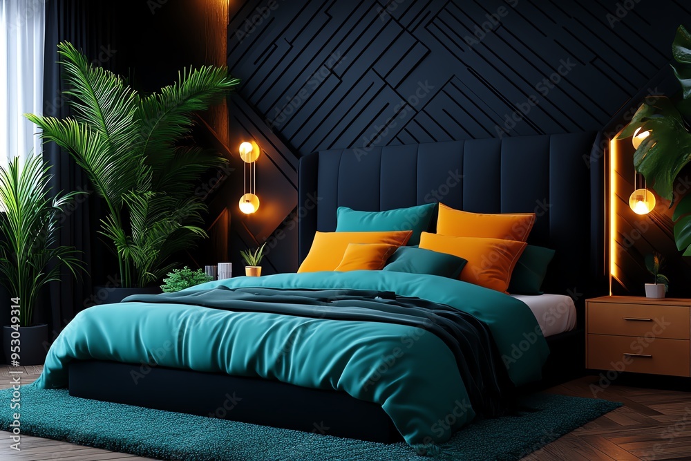 Poster mint color interior with soft lighting and cozy textures, captured in a photo where a cozy bedroom f