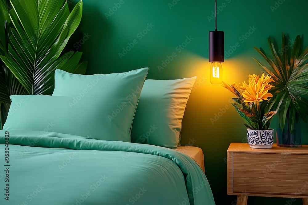 Poster mint color interior with soft lighting and cozy textures, captured in a photo where a cozy bedroom f