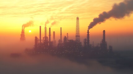 Obraz premium A city skyline with a large cloud of smoke and a sun in the background. The sun is setting and the sky is orange