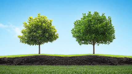 Fototapeta premium Two trees growing on top of dirt with a green grass background
