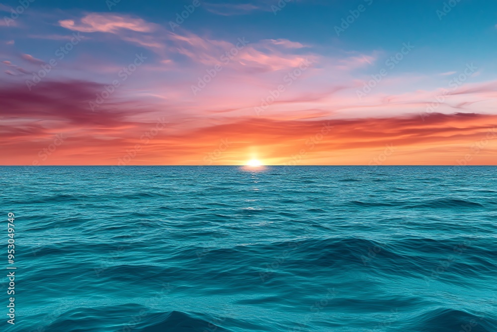 Poster mint color sunset with soft pastel skies over a calm ocean, captured in a photo where the sky is pai