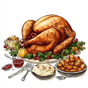 roasted turkey thanksgiving dinner table setting clip art preview