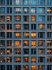 A photo of the facade of an office building with rows of windows, each window glowing subtly from within