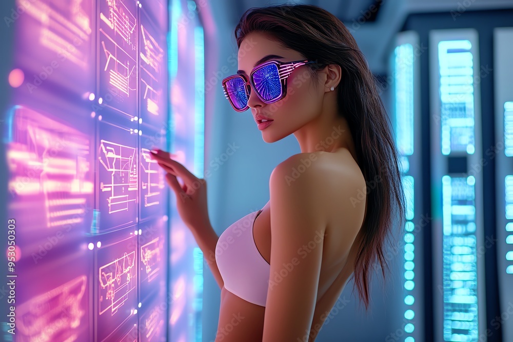 Aufkleber Neon color digital displays with futuristic graphics and glowing effects, captured in a photo where digital displays feature neon-colored graphics and glowing effects, creating a vibrant and