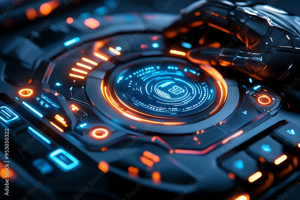 Poster neon color digital displays with futuristic interfaces and glowing effects, illustrated in a scene w