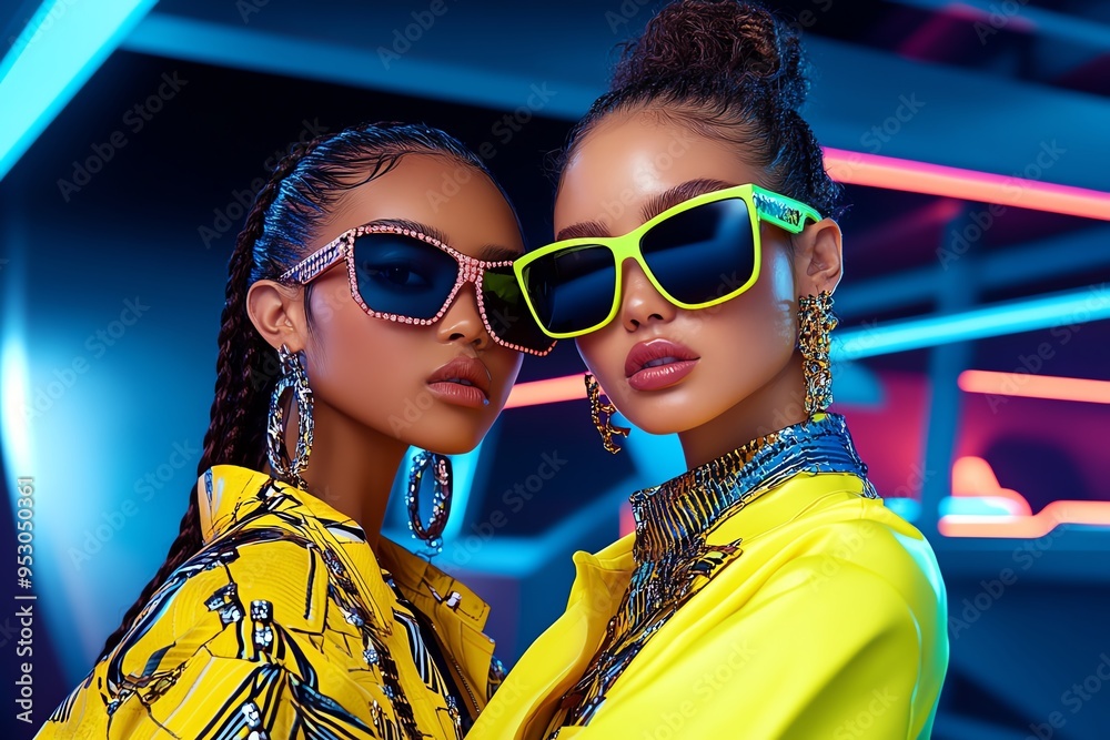 Poster neon color fashion editorial with edgy and bold designs, captured in a photo where models pose in ne