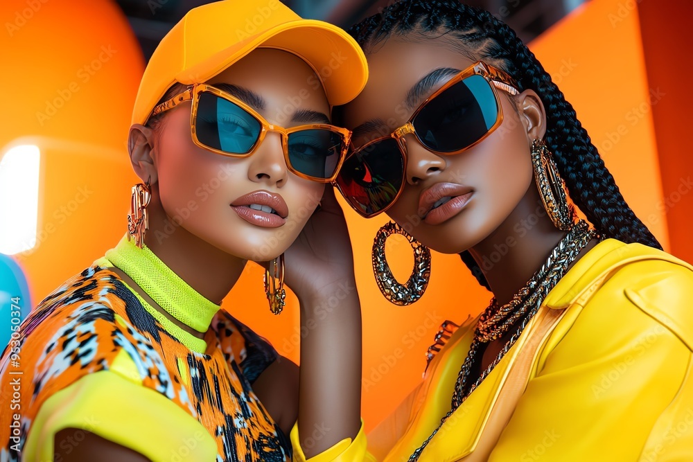 Poster neon color fashion editorial with edgy and bold designs, captured in a photo where models pose in ne