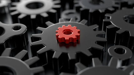 Close-up of interlocking gears, with a striking red gear standing out among glossy black gears, symbolizing uniqueness and teamwork in a mechanical system.