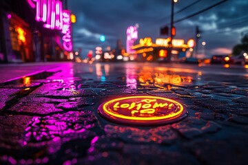 Neon color lighting with glowing neon signs and reflections, captured in a photo where neon signs glow brightly, their reflections bouncing off glass and metal surfaces, creating a moody and