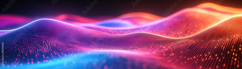 Poster vibrant abstract digital wave with dynamic lines and glowing particles in gradient colors, ideal for