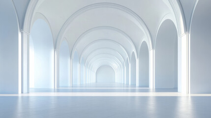 Fototapeta premium Elegant white arched hallway with natural light streaming through large windows, creating a serene and minimalist atmosphere in a spacious interior.