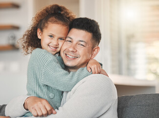 Obraz premium Happy, hugging and portrait of father with child in home for safety, love and bonding together. Smile, security and dad embracing girl kid with care, family and sweet moment at house in Spain.