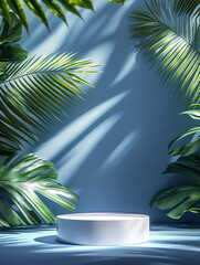 Obraz premium A minimalist podium with palm leaves on the right, set against a blue background