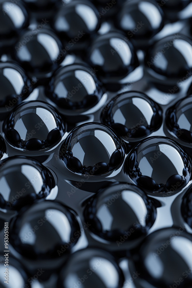 Wall mural macro closeup of glossy black spheres creating abstract pattern. reflective surface texture, geometr