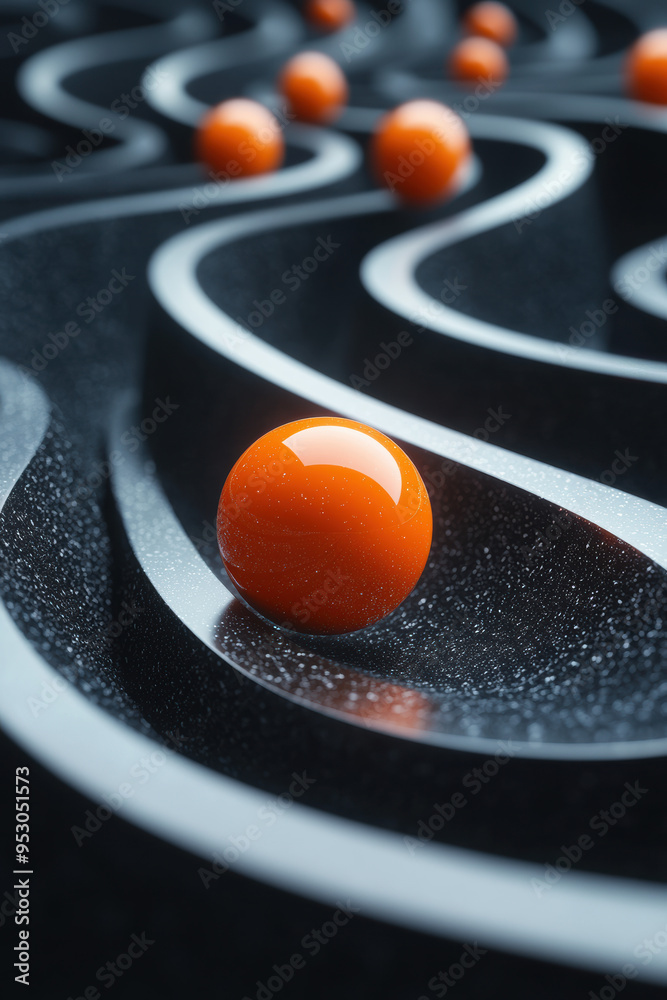 Poster close-up of orange spheres on a black wavy textured surface, creating a modern abstract pattern with