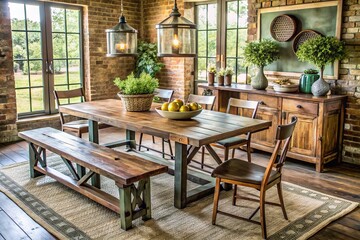 Obraz premium Handcrafted Farmhouse Furniture in Pittsburgh Style Rustic Wood Tones with Vintage Charm and Natural Finish Modern Country Home Decor