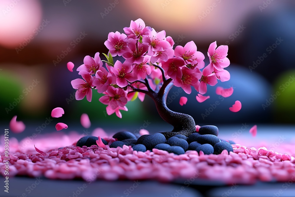 Poster peach blossom tree in a serene garden setting, illustrated in a scene where a single peach blossom t
