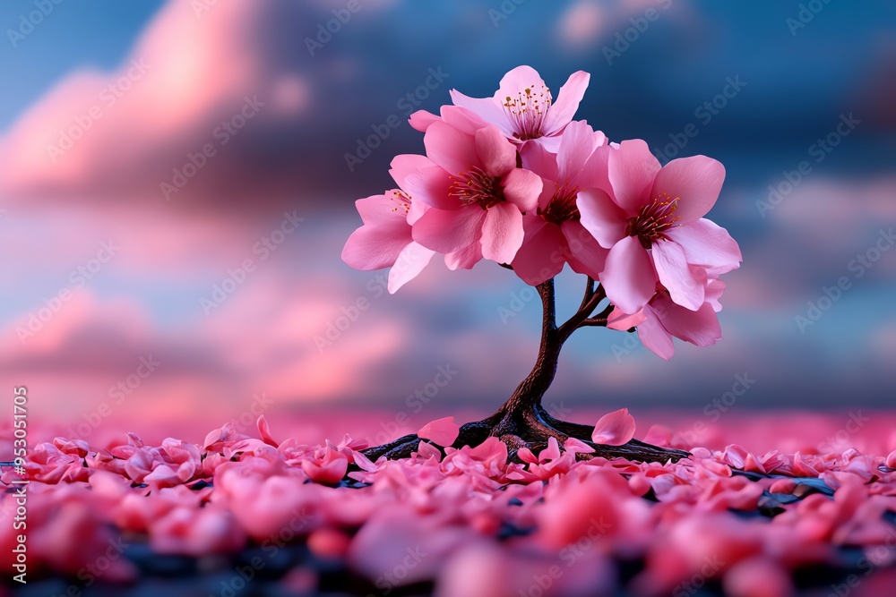 Poster peach blossom tree in a serene garden setting, illustrated in a scene where a single peach blossom t