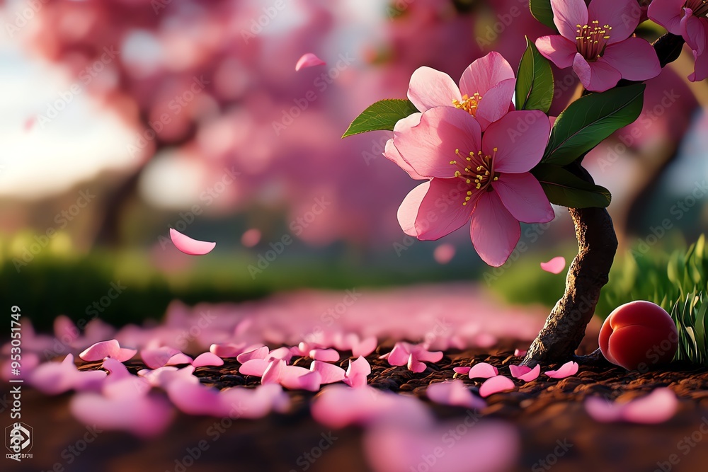 Poster peach blossom tree in a tranquil countryside orchard, illustrated in a scene where an orchard of pea