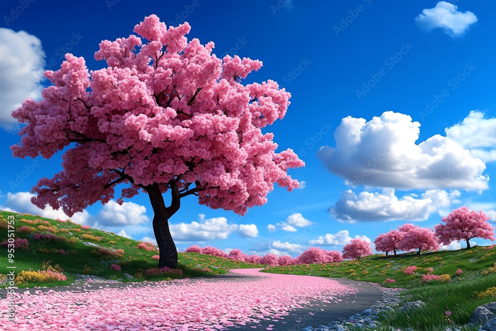 Poster peach blossom tree in a tranquil countryside orchard, illustrated in a scene where an orchard of pea