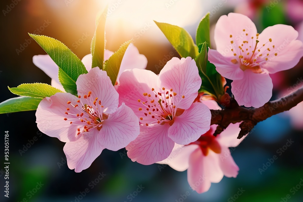 Poster peach blossom tree in full bloom with delicate pink petals, captured in a photo where the branches o