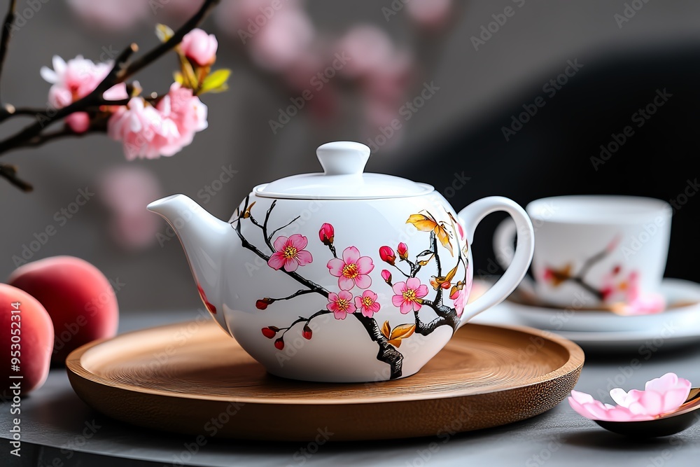 Poster peach blossom-themed tea set with delicate floral patterns, illustrated in a scene where a tea set f