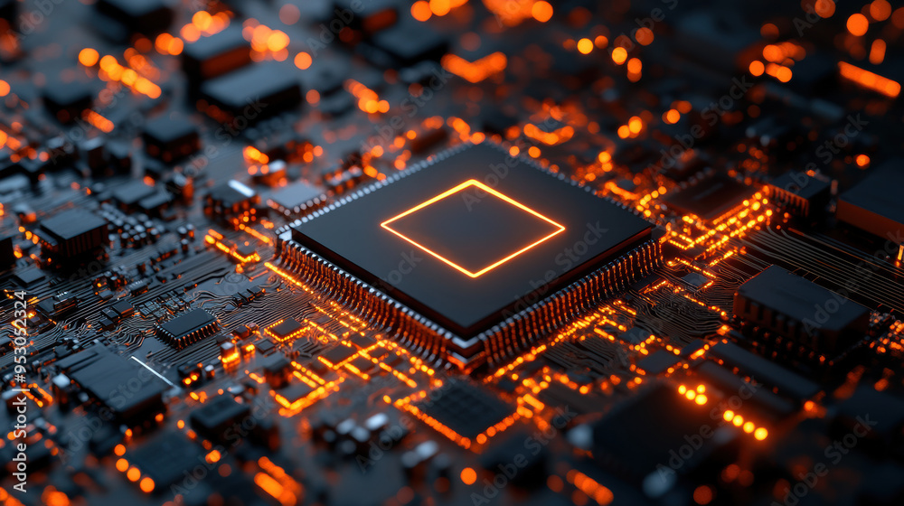 Poster futuristic close-up of a glowing microchip on a circuit board, illustrating modern technology and in